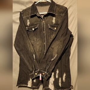Boutique long black distressed jeans jacket